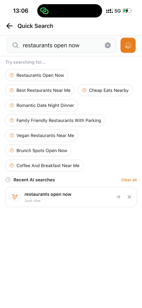 Outly - Outly app quick search screen showing restaurant category suggestions and AI powered search results