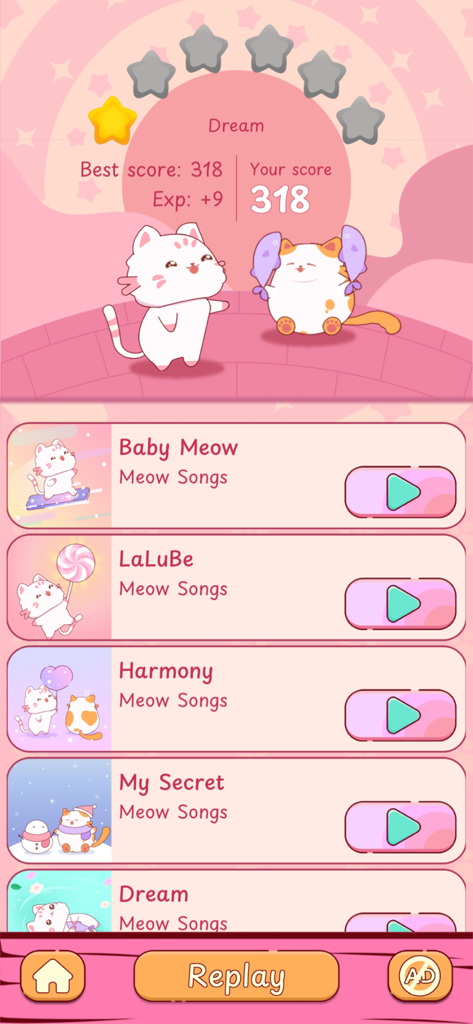 Cats Tiles - キャッツタイルからのピンクのゲームインターフェースで、ミャウソングのリストと、高得点をお祝いする2匹の可愛いカートゥーン猫が表示されています。