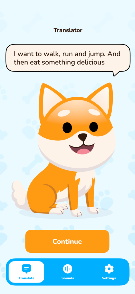 Interface of the Dog Translator app showing a cartoon dog with a speech bubble translation