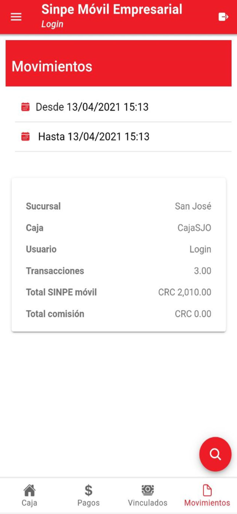 Davivienda SINPE Móvil Empresa - Schermata di riepilogo delle transazioni aziendali che mostra i dettagli della filiale e del registratore di cassa e i pagamenti totali in CRC all'interno dell'app Davivienda SINPE Movil Empresa