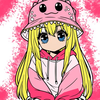 girl with anime shaped eyes with a dinosaur bucket hat oversized sweatshirt long straight hair