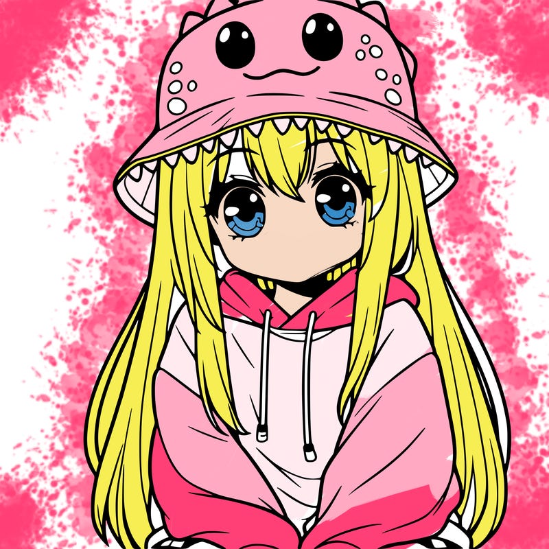 girl with anime shaped eyes with a dinosaur bucket hat oversized sweatshirt long straight hair