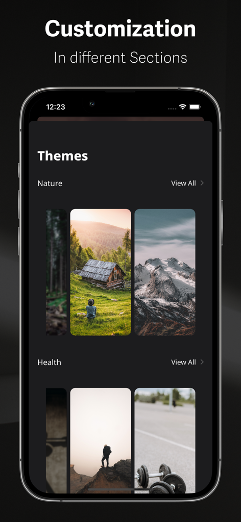 Aqtbas | اقتباس - Aqtbas app theme selection interface showing nature and lifestyle backgrounds for quote widgets