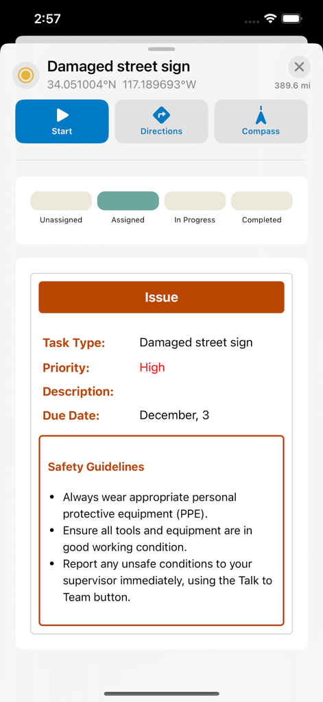 ArcGIS Field Maps - ArcGIS Field Maps screen showing a field task for a damaged street sign with GPS coordinates and safety guidelines