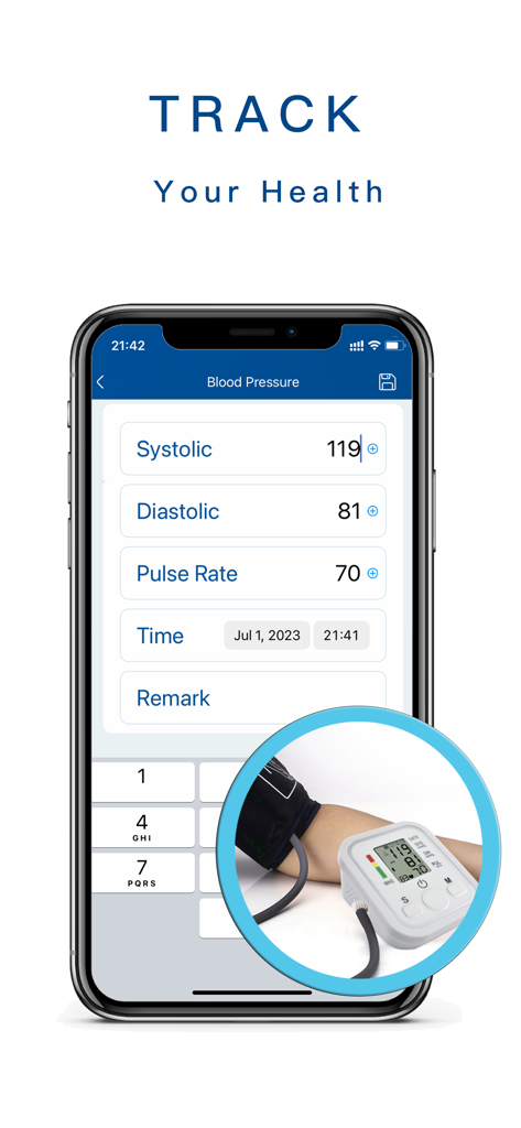 Instant Pulse - Blood Pressure - Smartphone app screen showing fields to manually enter systolic and diastolic blood pressure readings