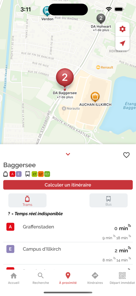 CTS Strasbourg app interface displaying map and real-time tram schedules for Baggersee station