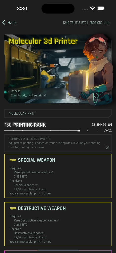 CyberCode Online: Text RPG - Molecular 3D Printer interface in CyberCode Online showing weapon crafting options and printing rank