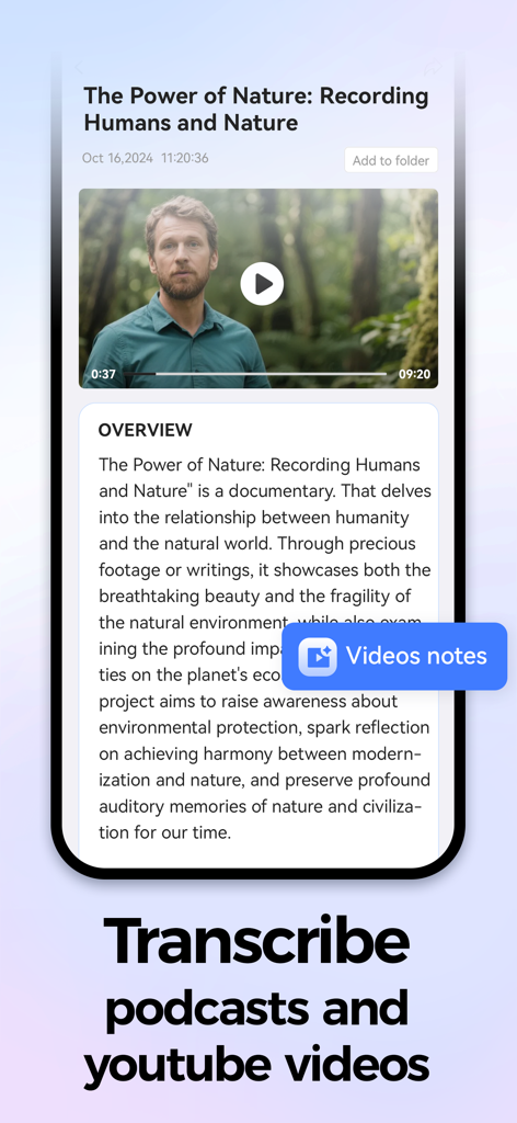 AIgo: AI Meeting Note Taker - Interface do aplicativo AIgo mostrando a transcrição e o resumo de um documentário do YouTube sobre natureza.