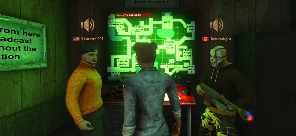 Players in Mimicry Multiplayer Horror discussing strategy in front of a green glowing facility map with voice chat icons