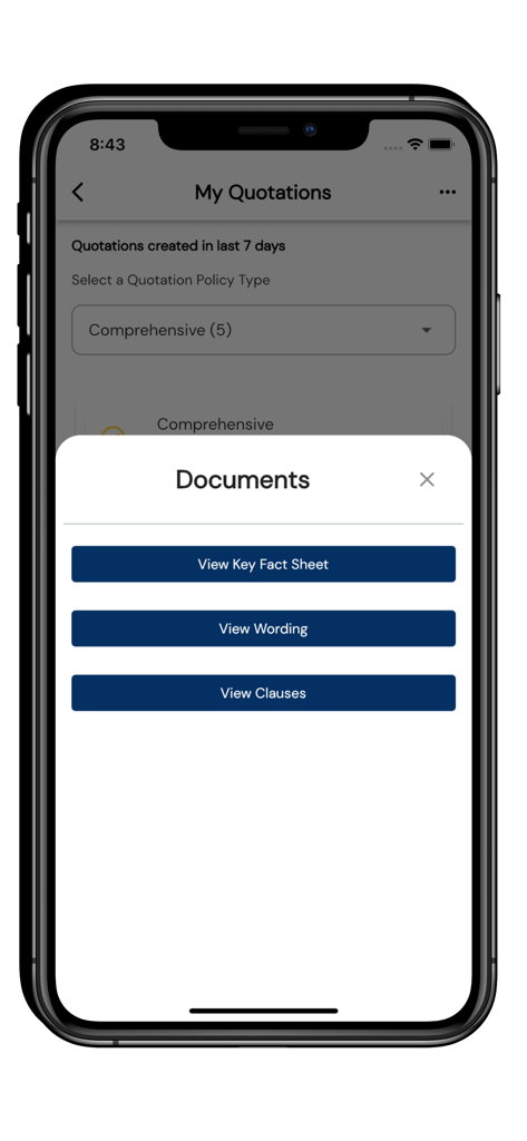 My PICZ - A document selection modal in the My PICZ insurance app displaying options to view key fact sheets, policy wording, and clauses for a quotation.
