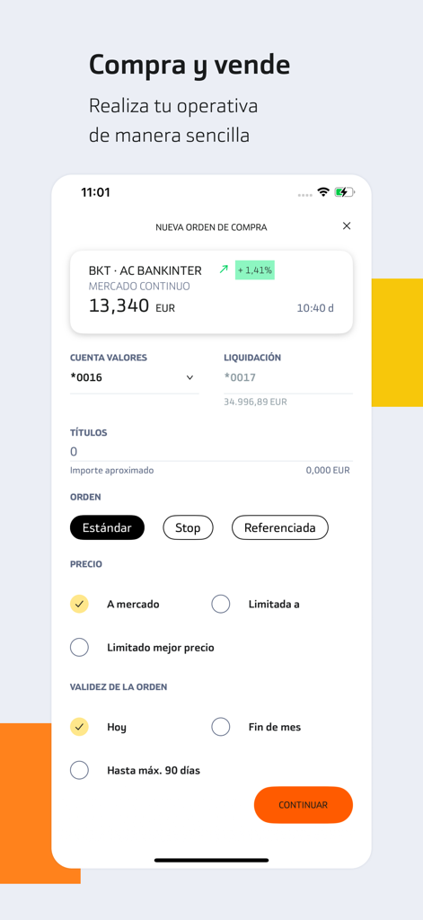 Stock purchase order screen in the Broker Bankinter mobile app