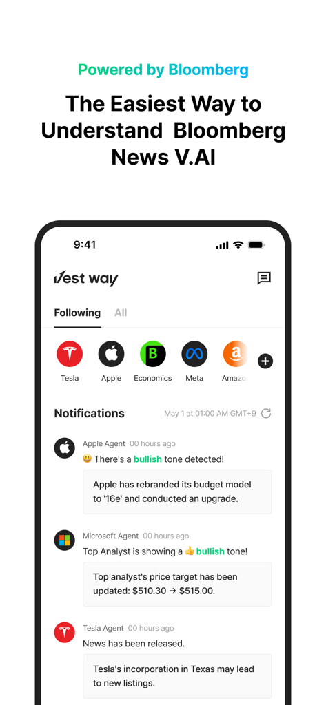 Vest Way - Investment Guide - A mobile app screen showing AI-generated stock market news summaries and bullish sentiment analysis for stocks like Apple and Microsoft