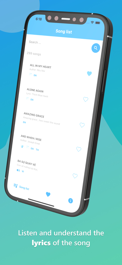 Searchable song list in the Plum Village Songs app displaying mindfulness music titles