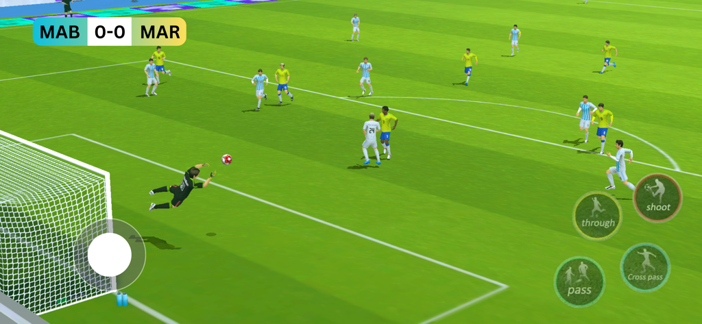 Football League Gems - A mobile soccer game screenshot showing a goalkeeper diving to save a ball during a match with on-screen controls