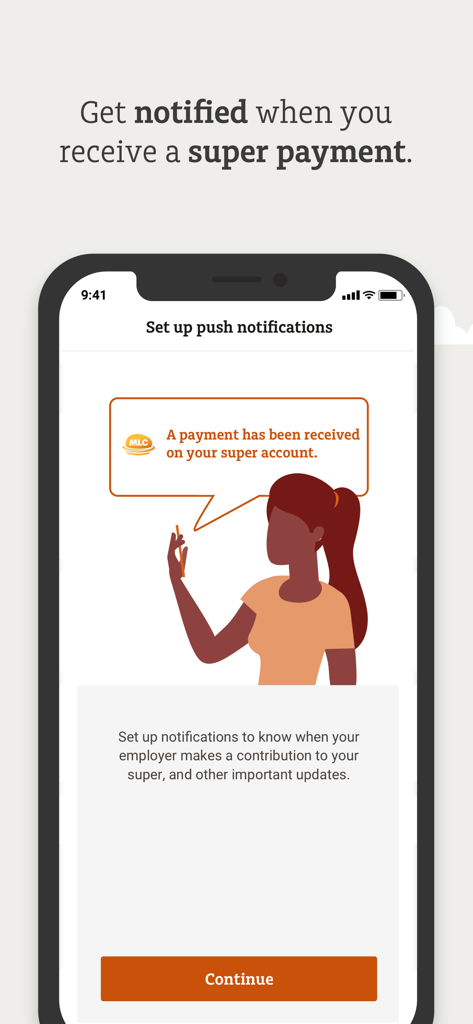 MLC app screen showing how to set up push notifications for superannuation payments and employer contributions.