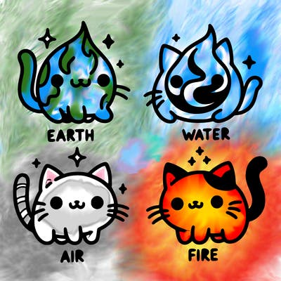 4 cats that represent the different elements, earth, water, air, and fire