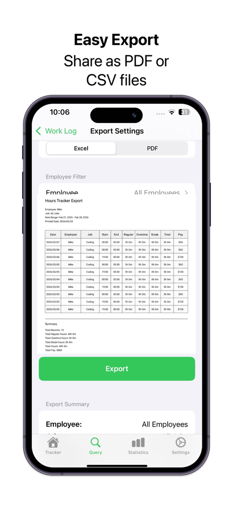WorkLog - Hours Tracker - WorkLog app export screen showing options to share work hour reports as PDF or Excel files