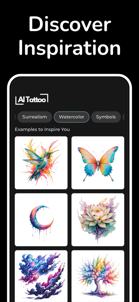 Tattoo AI - Design & Generator - Galería de inspiración de diseños de tatuajes de acuarela generados por IA, que incluyen mariposas y colibríes.