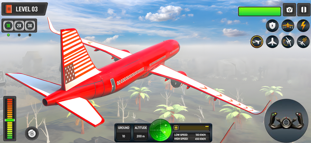 A red commercial airplane flying over a tropical island in Airplane Game Pilot Simulator.