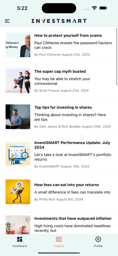 InvestSMART - InvestSMART app Insights screen displaying a list of financial news and investment articles