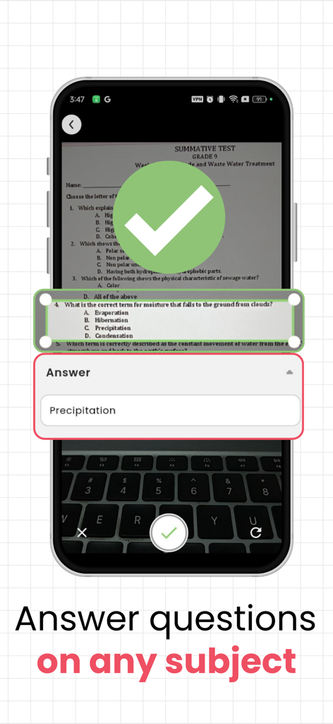 Math Solver－AI Homework Helper - A smartphone screen displaying the Math Solver app identifying the correct answer for a science homework question from a photo.