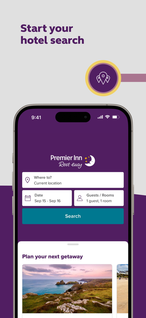 Premier Inn Hotels - Bildschirm der Premier Inn App, der die Hotelsuchoberfläche anzeigt