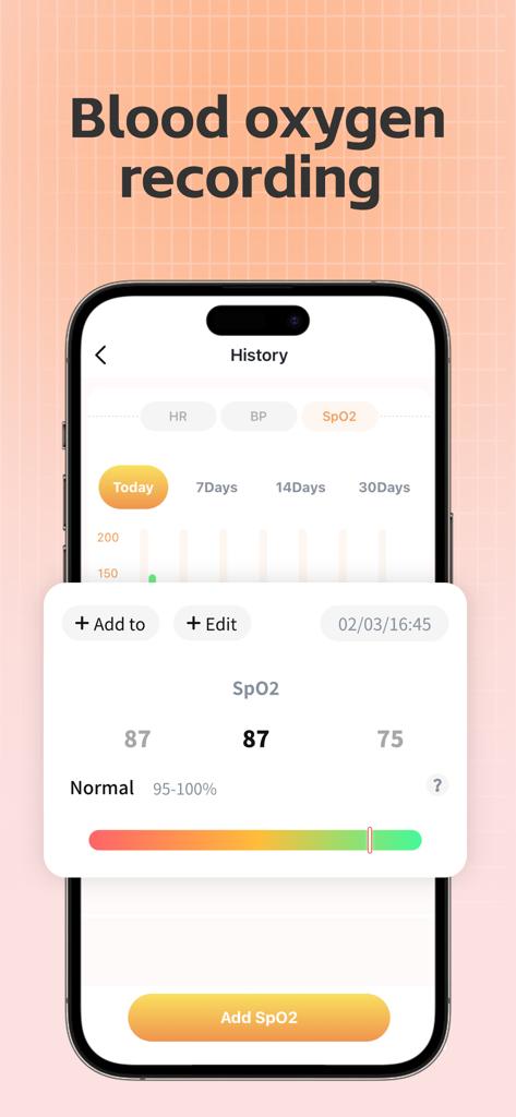 Heart Rate Monitor-Tracker - Pantalla de registro de oxígeno en sangre que muestra el historial de SpO2 y la interfaz de entrada manual de datos.
