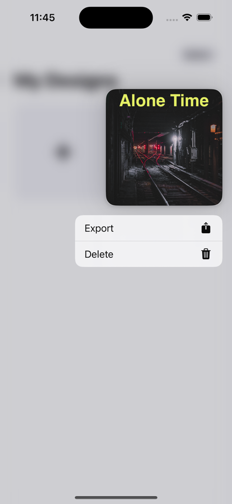 Covers Maker & Design Pro Art - Menu showing export and delete options for a music album cover project
