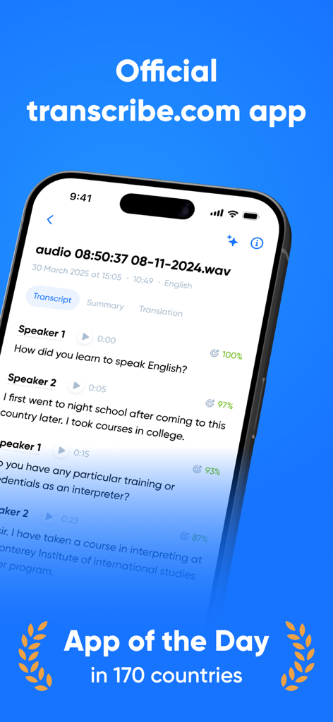 音声テキスト化と話者分離を備えたTranscribeアプリのインターフェースを示すスマートフォン。
