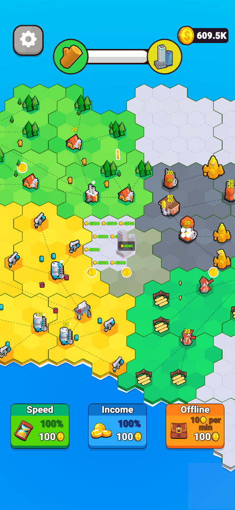 Factory World - Factory Worldのゲームプレイマップ、接続された工場と生産ラインを持つ六角形のタイルを示しています