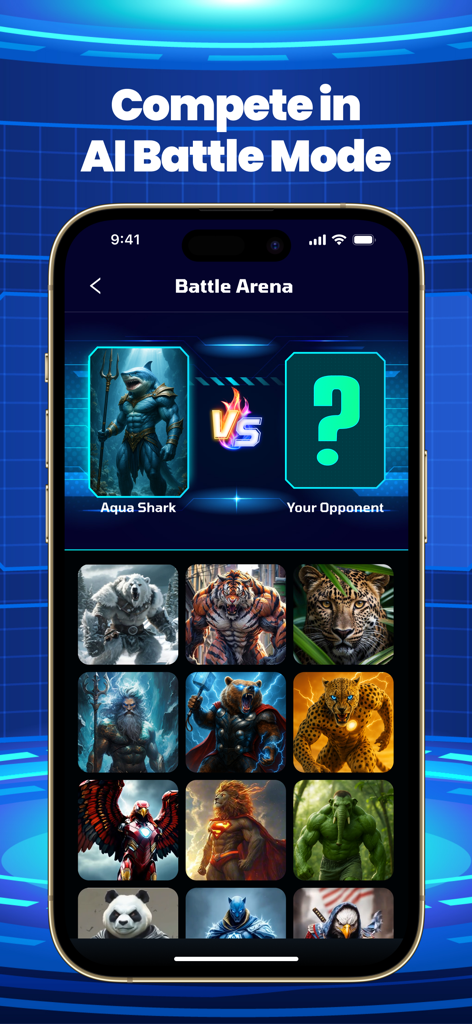 AI Fusion: Hero Animal Merge - AI Fusion Battle Arena screen showing an Aqua Shark character ready for battle and a grid of various animal superhero hybrids