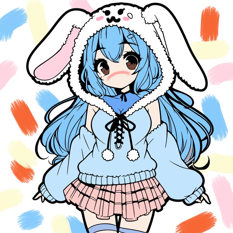 pretty anime girl wearing a fluffy hoodie with bunny ears on the hood and a skirt