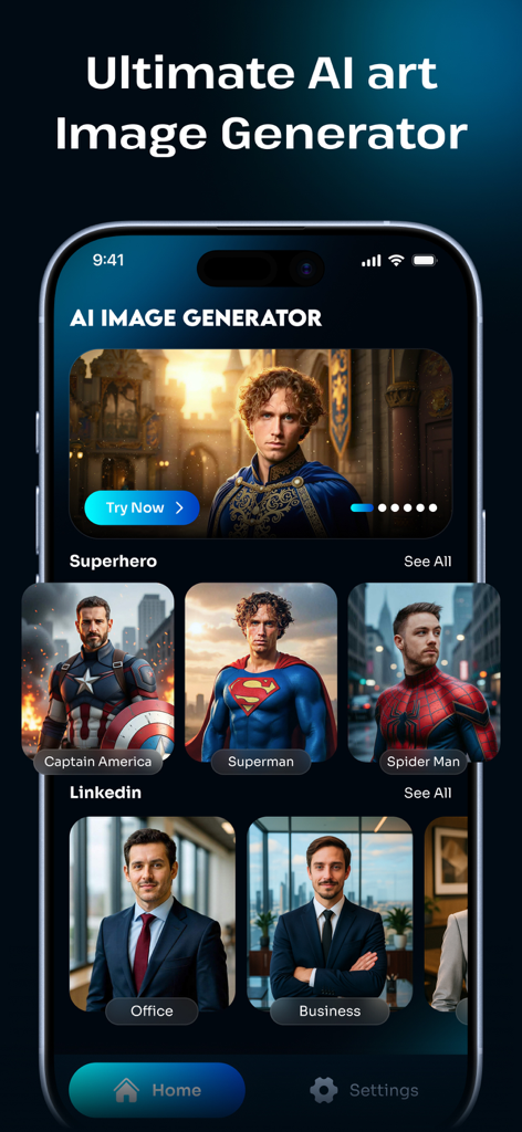 AI画像ジェネレータースタジオのインターフェース。スーパーヒーローとプロフェッショナルなLinkedInポートレートのテンプレートが表示されています。