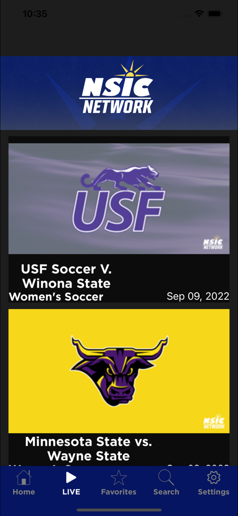 NSIC Network mobile app interface displaying live collegiate sports events including soccer and football matches.