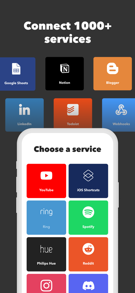IFTTT - Automate work and home - IFTTT-App-Oberfläche, die Symbole für integrierte Dienste wie YouTube, Spotify und Notion zeigt