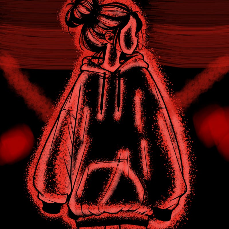 realistic girl with a oversized sweatshirt on and a bun