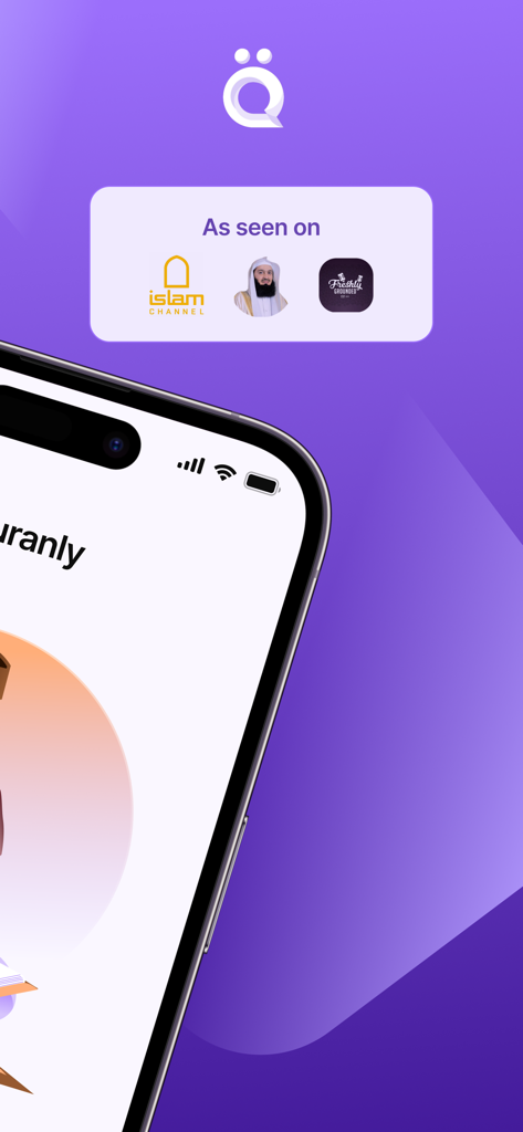Quranly App-Werbebildschirm mit Empfehlungen von Islam Channel, Mufti Menk und Freshly Grounded
