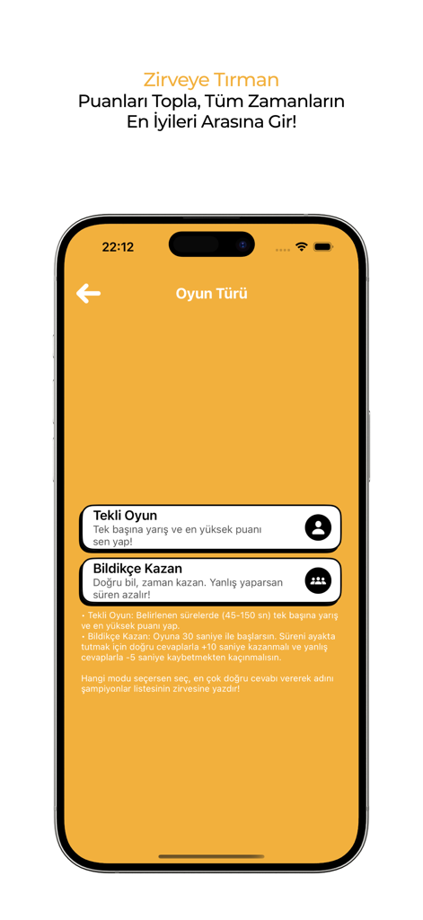 Cuspart: Soru Cevap - Cuspart-App-Bildschirm, der die Auswahl der Quizspielmodi für Einzelspieler und zeitbasierte Herausforderungen zeigt