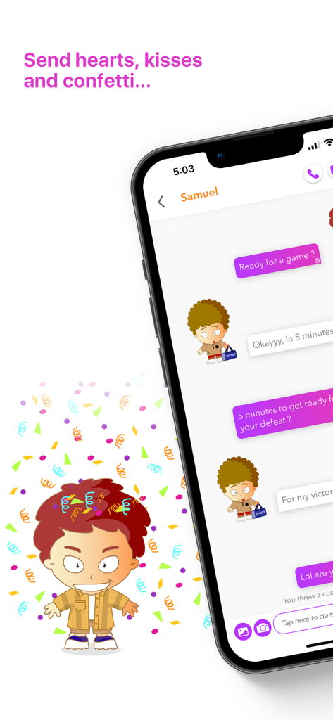 Xooloo - Messenger for Kids - Une interface de discussion dans Xooloo Messenger pour Enfants montrant des avatars animés et des confettis colorés.