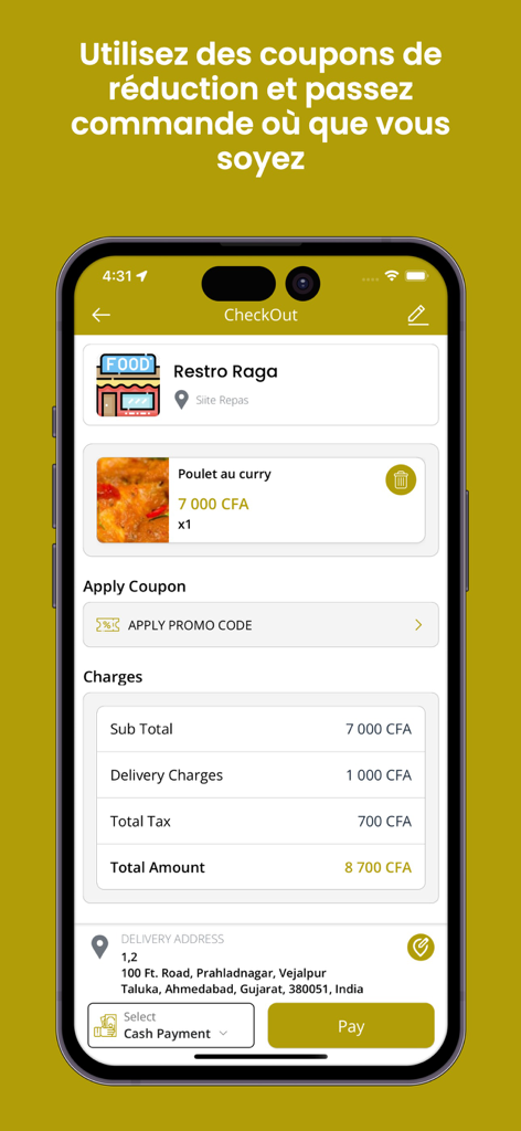 Okalm - Okalm app checkout screen displaying a food order summary with delivery charges and promo code option