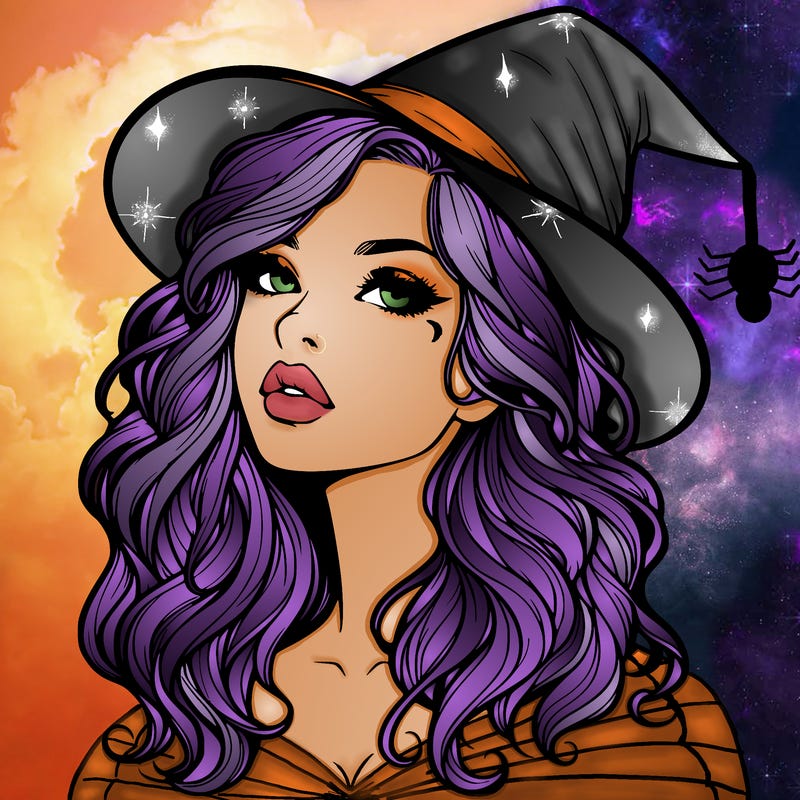 realistic witch girl with wavy hair and lips