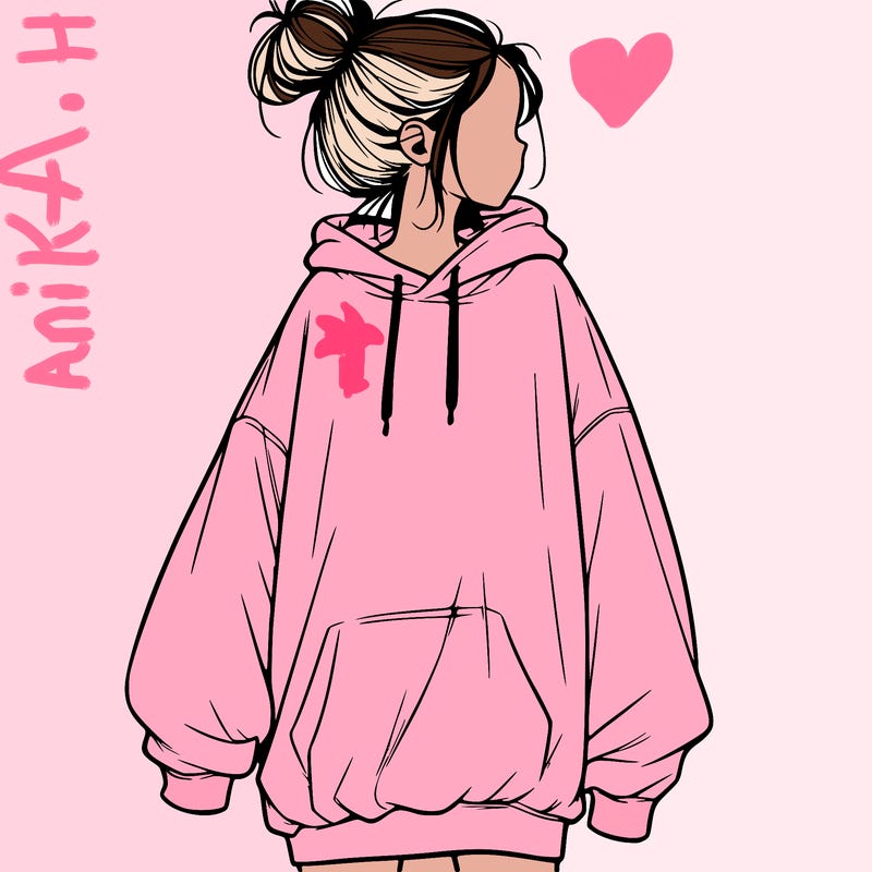 realistic girl with a oversized sweatshirt on and a bun