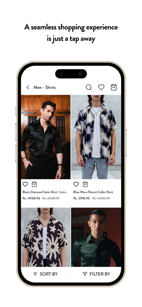 Weave Wardrobe - Mobile app interface for Weave Wardrobe showing a curated collection of men's streetwear shirts with pricing and style details.