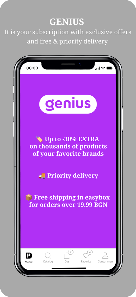 Fashion Days - Fashion Daysモバイルアプリの画面。追加割引と優先配送を備えたGeniusサブスクリプションを紹介