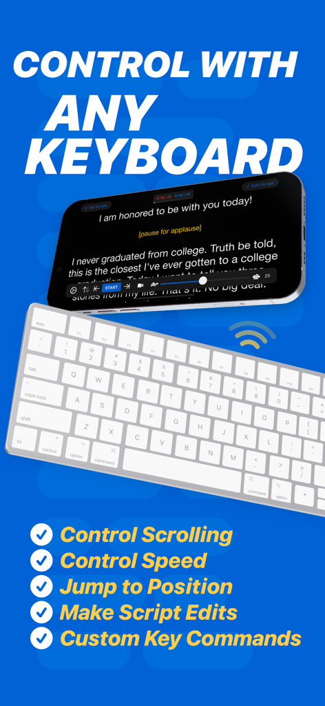 Teleprompter Pro - A wireless keyboard used to remotely control scrolling and speed on the Teleprompter Pro app