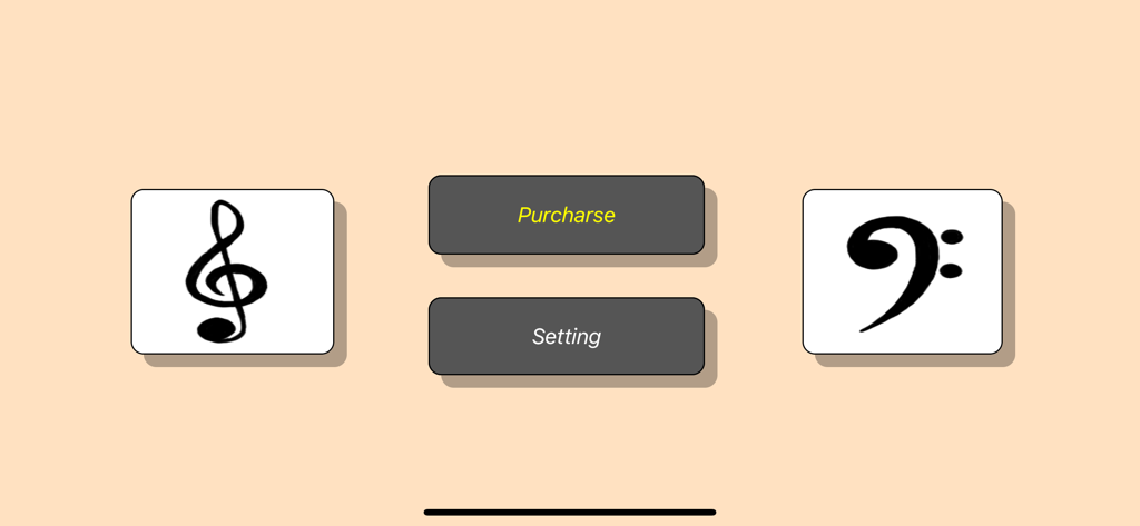 Main menu of the music notes training app featuring treble and bass clef selection icons.