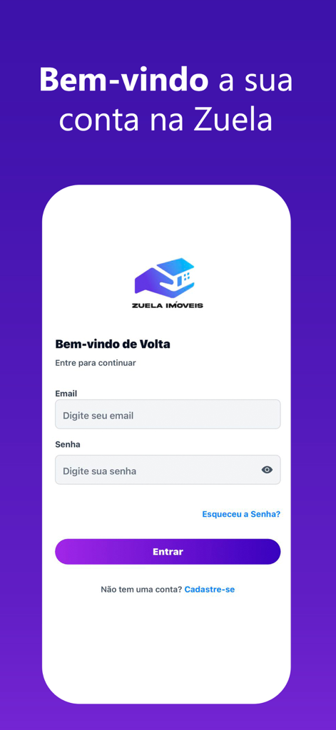 Zuela Imoveis - Zuela Imoveis app login screen with email and password input fields