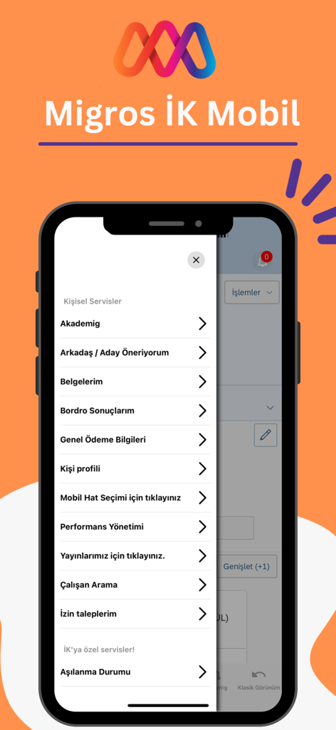 Migros İK Mobil - 従業員向け人事サービスメニューを表示するMigros IK Mobilアプリのスクリーンショット