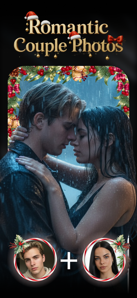 AI Photo Video Generator: AURA -  Portrait de couple romantique généré par IA sous la pluie avec des décorations de Noël festives et des bonnets de Père Noël
