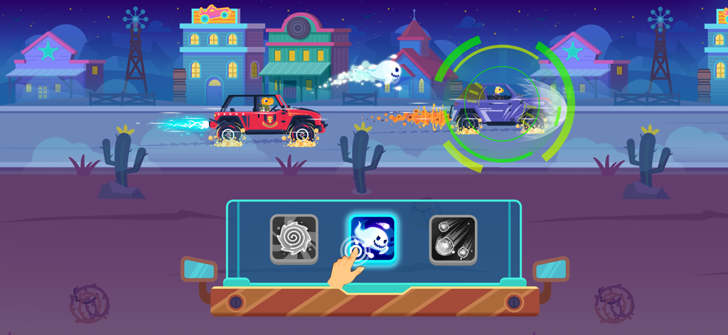 Due dinosauri in auto da corsa su una pista cittadina con un menu di selezione delle abilità